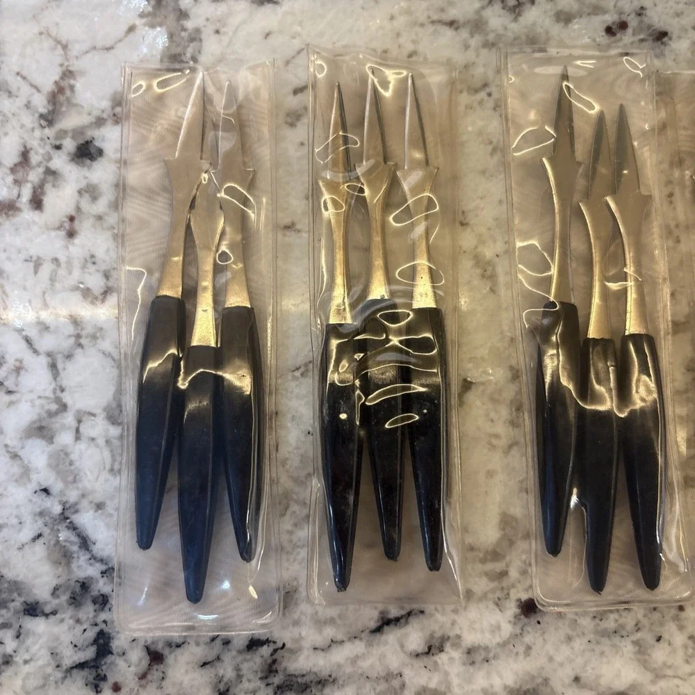 15‎ NOS Vtg MCM Hors d'oeuvres Stainless Black Handled Olive Picks Forks Japan